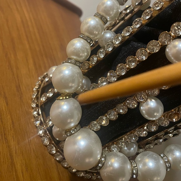 Metallic Cage Evening Bag with Pearls & Rhinestones Bucket Clutch Purse - Picture 12 of 14